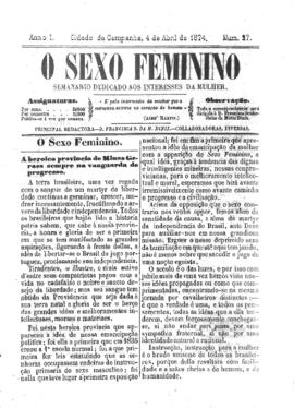 O Sexo feminino [jornal], a. 1, n. 27. Campanha-MG, 04 abr. 1874.