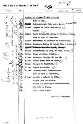TV Tupi [emissora]. Ultra Notícias [programa]. Roteiro [televisivo], 14 nov. 1969.