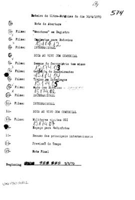 TV Tupi [emissora]. Ultra Notícias [programa]. Roteiro [televisivo], 30 abr. 1970.