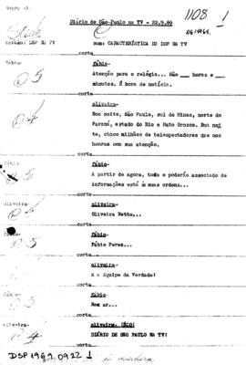 TV Tupi [emissora]. Diário de São Paulo na T.V. [programa]. Roteiro [televisivo], 22 set. 1969.