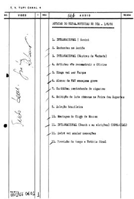 TV Tupi [emissora]. Ultra Notícias [programa]. Roteiro [televisivo], 01 jun. 1966.
