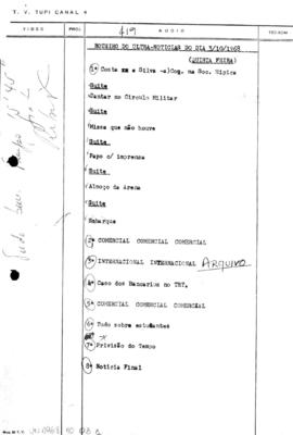 TV Tupi [emissora]. Ultra Notícias [programa]. Roteiro [televisivo], 03 out. 1968.