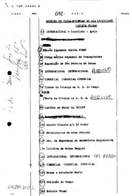 TV Tupi [emissora]. Ultra Notícias [programa]. Roteiro [televisivo], 10 out. 1968.