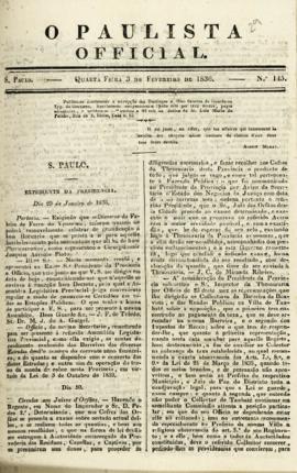 O Paulista official [jornal], n. 145. São Paulo-SP, 03 fev. 1836.
