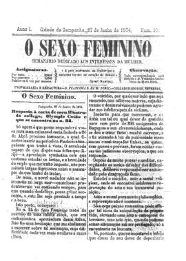 O Sexo feminino [jornal], a. 1, n. 37. Campanha-MG, 27 jun. 1874.