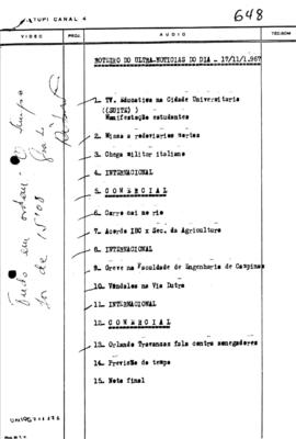 TV Tupi [emissora]. Ultra Notícias [programa]. Roteiro [televisivo], 17 nov. 1967.