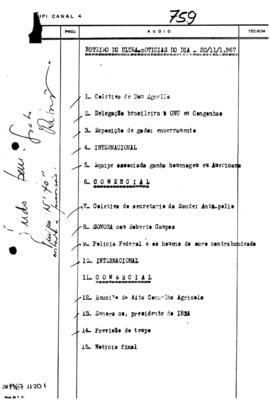 TV Tupi [emissora]. Ultra Notícias [programa]. Roteiro [televisivo], 20 nov. 1967.