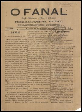 O Fanal [jornal], a. 1, n. 1. São Paulo-SP, 29 dez. 1885.