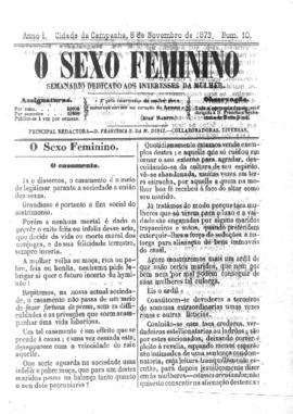 O Sexo feminino [jornal], a. 1, n. 10. Campanha-MG, 08 nov. 1873.
