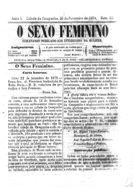 O Sexo feminino [jornal], a. 1, n. 23. Campanha-MG, 28 fev. 1874.