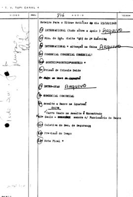 TV Tupi [emissora]. Ultra Notícias [programa]. Roteiro [televisivo], 15 out. 1968.