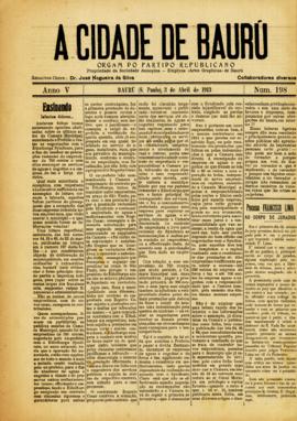 A Cidade de Baurú [jornal], a. 5, n. 198. Bauru-SP, 03 abr. 1913.