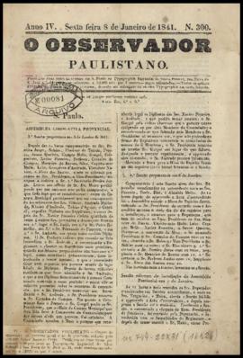 O Observador paulistano [jornal], a. 4, n. 300. São Paulo-SP, 08 jan. 1841.