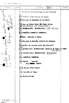 TV Tupi [emissora]. Ultra Notícias [programa]. Roteiro [televisivo], 20 set. 1968.