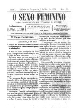 O Sexo feminino [jornal], a. 1, n. 31. Campanha-MG, 02 mai. 1874.