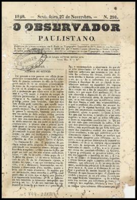 O Observador paulistano [jornal], n. 291. São Paulo-SP, 27 nov. 1840.