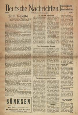 Deutsche nachrichten [jornal], a. 1, n. 1. São Paulo-SP, 19 out. 1946.
