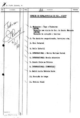 TV Tupi [emissora]. Ultra Notícias [programa]. Roteiro [televisivo], 06 fev. 1967.