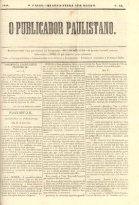 O Publicador paulistano [jornal], n. 61. São Paulo-SP, 03 mar. 1858.