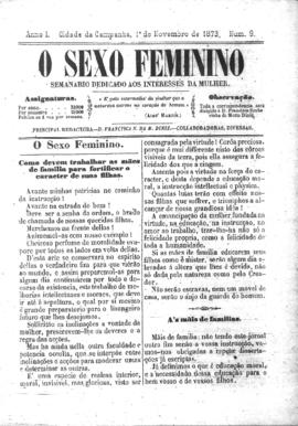 O Sexo feminino [jornal], a. 1, n. 9. Campanha-MG, 01 nov. 1873.