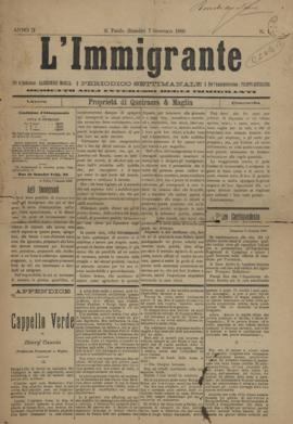 L' Immigrante [jornal], a. 2, n. 1. São Paulo-SP, 07 jan. 1886.