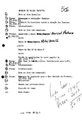 TV Tupi [emissora]. Ultra Notícias [programa]. Roteiro [televisivo], 30 mar. 1970.