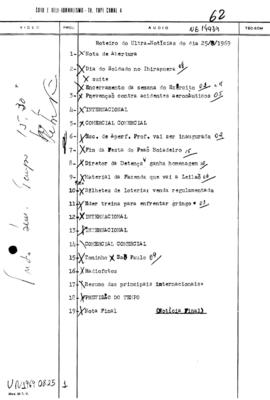 TV Tupi [emissora]. Ultra Notícias [programa]. Roteiro [televisivo], 25 ago. 1969.