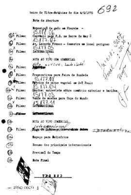 TV Tupi [emissora]. Ultra Notícias [programa]. Roteiro [televisivo], 04 mai. 1970.