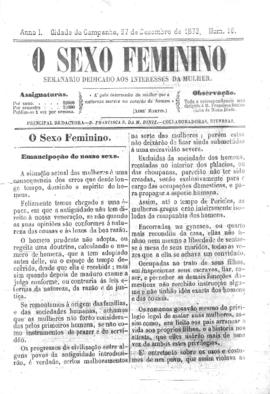 O Sexo feminino [jornal], a. 1, n. 16. Campanha-MG, 27 dez. 1873.