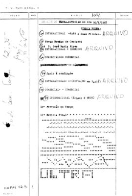 TV Tupi [emissora]. Ultra Notícias [programa]. Roteiro [televisivo], 30 jul. 1968.