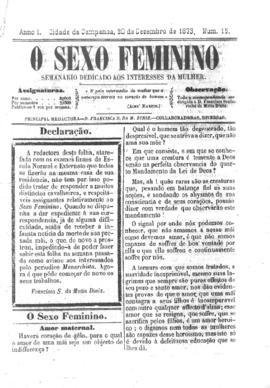 O Sexo feminino [jornal], a. 1, n. 15. Campanha-MG, 20 dez. 1873.