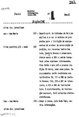 TV Tupi [emissora]. Boletim Informativo [programa]. Roteiro [televisivo], 20 out. 1978.
