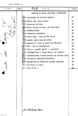 TV Tupi [emissora]. Ultra Notícias [programa]. Roteiro [televisivo], 29 jun. 1968.