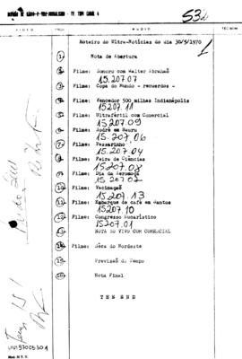 TV Tupi [emissora]. Ultra Notícias [programa]. Roteiro [televisivo], 30 mai. 1970.
