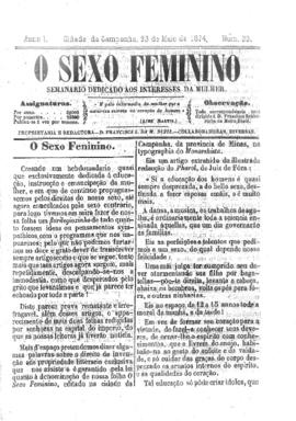 O Sexo feminino [jornal], a. 1, n. 33. Campanha-MG, 23 mai. 1874.