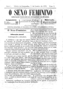 O Sexo feminino [jornal], a. 1, n. 6. Campanha-MG, 11 out. 1873.