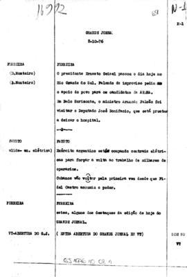 TV Tupi [emissora]. Grande Jornal [programa]. Roteiro [televisivo], 08 out. 1976.