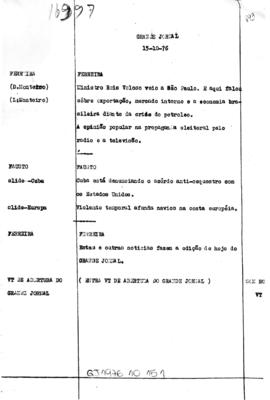 TV Tupi [emissora]. Grande Jornal [programa]. Roteiro [televisivo], 15 out. 1976.