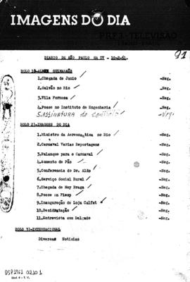 TV Tupi [emissora]. Diário de São Paulo na T.V. [programa]. Roteiro [televisivo], 10 fev. 1961.
