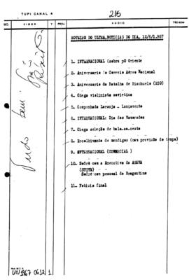 TV Tupi [emissora]. Ultra Notícias [programa]. Roteiro [televisivo], 12 jun. 1967.