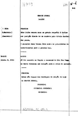 TV Tupi [emissora]. Grande Jornal [programa]. Roteiro [televisivo], 09 out. 1976.