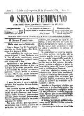 O Sexo feminino [jornal], a. 1, n. 26. Campanha-MG, 28 mar. 1874.