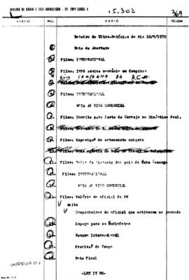 TV Tupi [emissora]. Ultra Notícias [programa]. Roteiro [televisivo], 10 set. 1970.