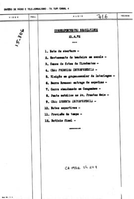 TV Tupi [emissora]. Correspondentes Brasileiros Associados [programa]. Roteiro [televisivo], 21 abr. 1972.