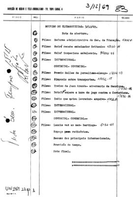 TV Tupi [emissora]. Ultra Notícias [programa]. Roteiro [televisivo], 03 dez. 1969.
