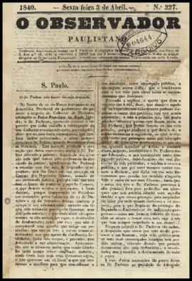 O Observador paulistano [jornal], n. 227. São Paulo-SP, 03 abr. 1840.