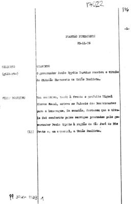 TV Tupi [emissora]. Plantão Permanente [programa]. Roteiro [televisivo], 29 nov. 1976.