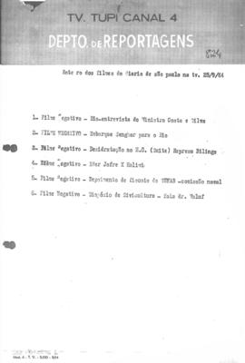 TV Tupi [emissora]. Diário de São Paulo na T.V. [programa]. Roteiro [televisivo], 25 set. 1964.