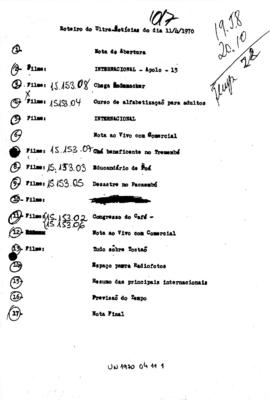 TV Tupi [emissora]. Ultra Notícias [programa]. Roteiro [televisivo], 11 abr. 1970.