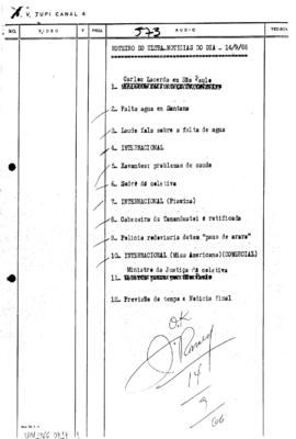 TV Tupi [emissora]. Ultra Notícias [programa]. Roteiro [televisivo], 14 set. 1966.